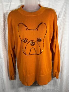 Ben de Lisi Pumpkin French Bulldog Sequin Sweater EUC